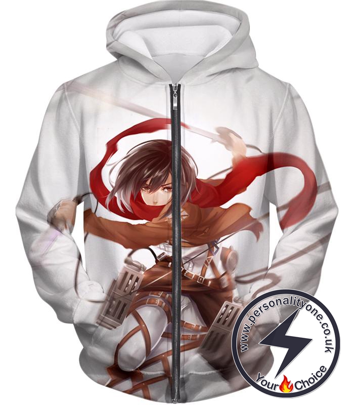 Attack on Titan Cute Mikasa Ackerman White Zip Up Hoodie